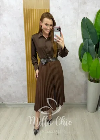 Milla Chic - Saia Plissada Augusta Mídi - Marrom