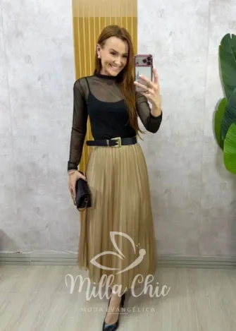 Milla Chic - Saia Roberta em tule plissado - Bege