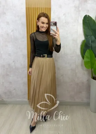 Milla Chic - Saia Roberta em tule plissado - Bege