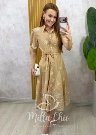 Milla Chic - Vestido Eugênia em Lesie bordado - Bege
