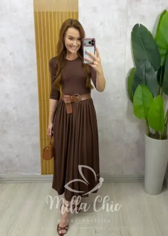 Milla Chic - Vestido Marta em poliamida - Marrom