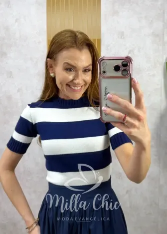 Milla Chic - Blusa Amélia Tricot listras - Azul e Branca