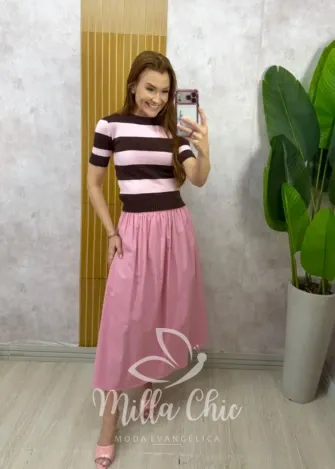 Milla Chic - Blusa Amélia Tricot  listras - Rosa e Marrom