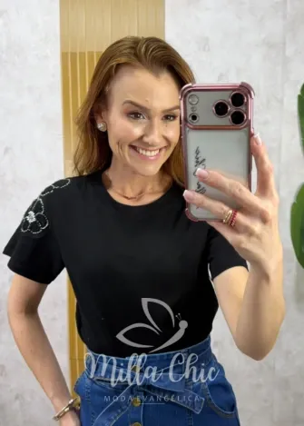Milla Chic - Blusa Débora em malha algodão bordada - Preta