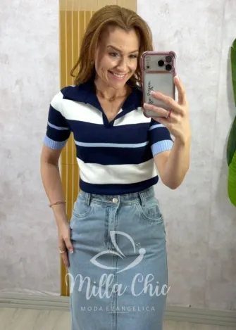 Milla Chic - Blusa Denise em Tricot - Azul e Branca