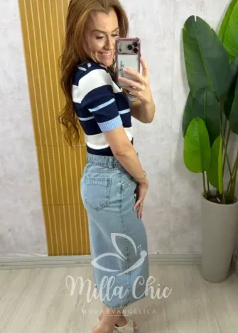 Milla Chic - Blusa Denise em Tricot - Azul e Branca