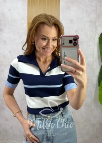 Milla Chic - Blusa Denise em Tricot - Azul e Branca