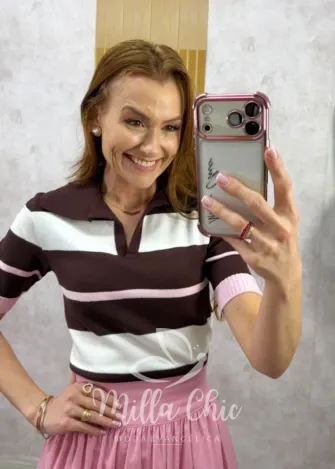 Milla Chic - Blusa Denise em Tricot - Rosa e Marrom