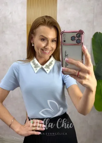 Milla Chic – Blusa Livia em Tricot bordada – Azul Milla Chic - Blusa Livia em Tricot bordada - Azul