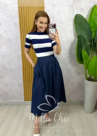 Milla Chic - Saia Francisca em tricoline - Azul Marinho