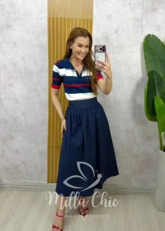 Milla Chic - Saia Francisca em tricoline - Azul Marinho
