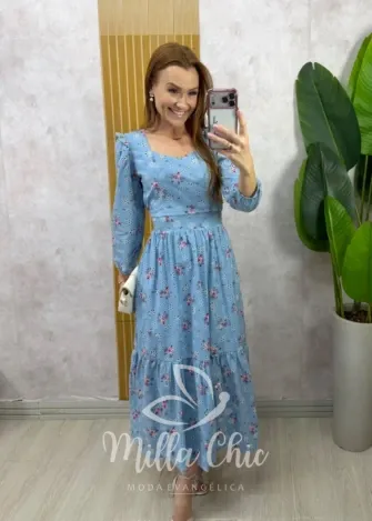 Milla Chic - Vestido Rebeca em tricoline - Azul