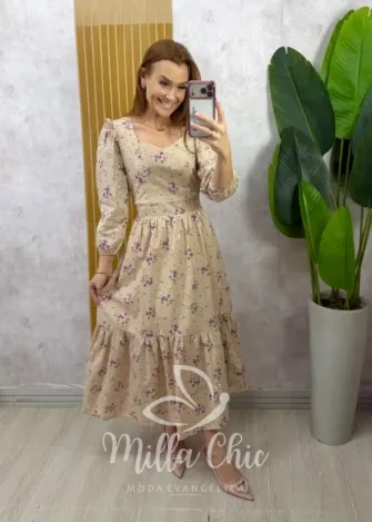 Milla Chic - Vestido Rebeca em tricoline - Bege