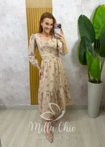 Milla Chic - Vestido Rebeca em tricoline - Bege