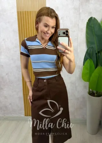 Milla Chic - Blusa Denise em Tricot - Azul e Marrom