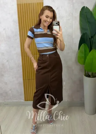 Milla Chic - Blusa Denise em Tricot - Azul e Marrom