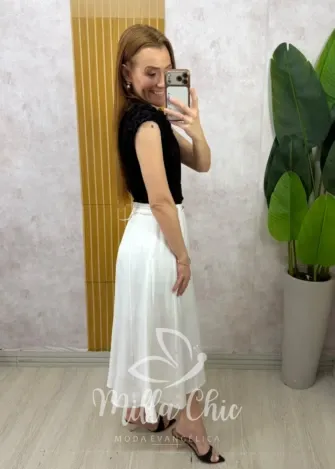 Milla Chic - Saia Gerusa Alfaiataria com Cinto e Lenço - Branca