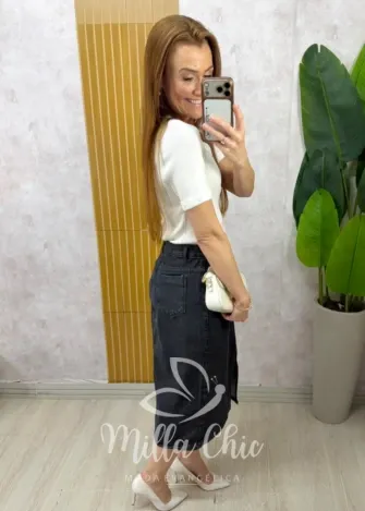 Milla Chic - Saia Jeans Cibele  — Midi Preta Estonada