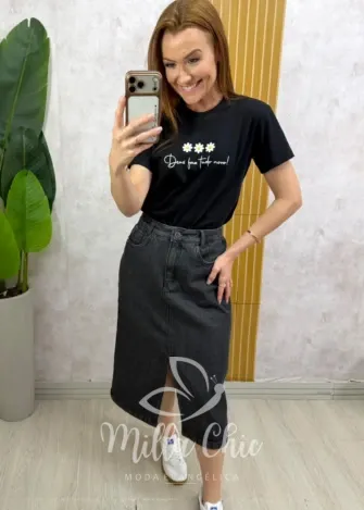 Milla Chic - Saia Jeans Cibele - Midi Preta Estonada