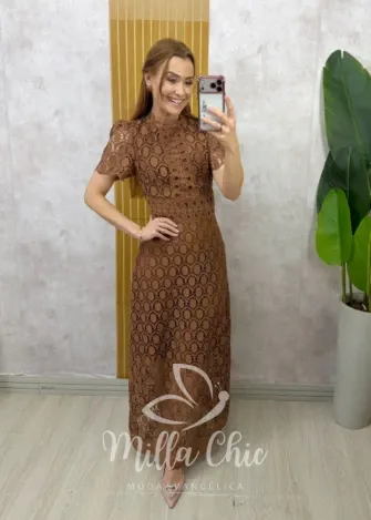Milla Chic - Vestido Antonella em Guipper - Marrom