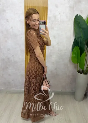 Milla Chic - Vestido Antonella em Guipper - Marrom