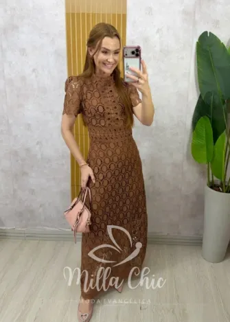 Milla Chic - Vestido Antonella em Guipper - Marrom