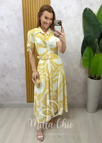 Milla Chic - Vestido Diana — Chemise em Rayon com Cinto - Amarelo Manteiga