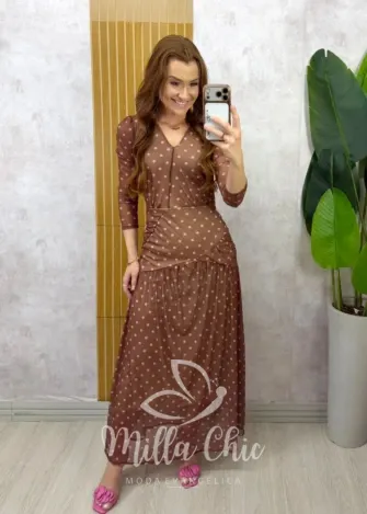 Milla Chic - Vestido Genebra em tule póa - Marrom