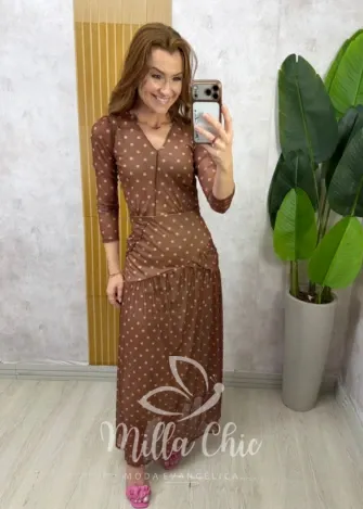 Milla Chic - Vestido Genebra em tule póa - Marrom