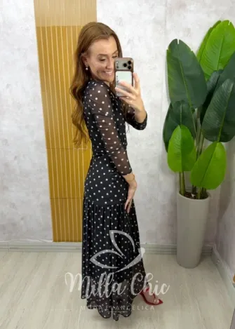 Milla Chic - Vestido Genebra em tule póa - Preto