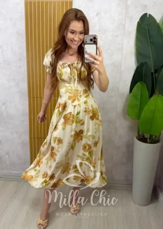 Milla Chic - Vestido Greta em viscosarja - Bege
