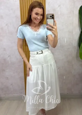 Milla Chic - Blusa Cecília — Tricô Modal com Poá e Renda Chantilly - Azul