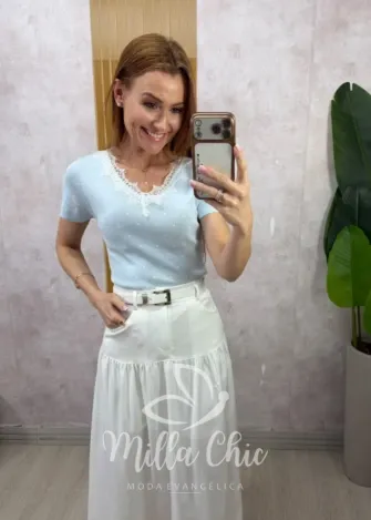 Milla Chic - Blusa Cecília — Tricô Modal com Poá e Renda Chantilly - Azul