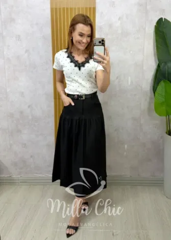 Milla Chic - Blusa Cecília — Tricô Modal com Poá e Renda Chantilly - Branca