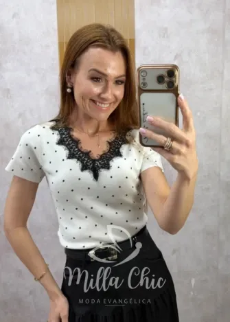Milla Chic - Blusa Cecília — Tricô Modal com Poá e Renda Chantilly - Branca