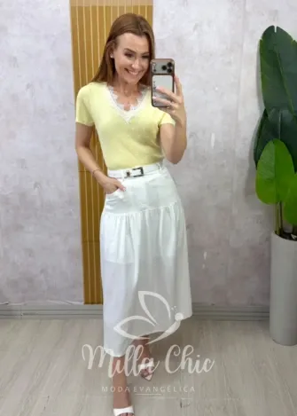 Milla Chic - Blusa Cecília — Tricô Modal com Poá e Renda Chantilly - Manteiga