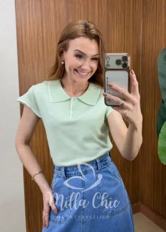 Milla Chic - Blusa karen em Tricô Modal com Laço Bordado - Verde
