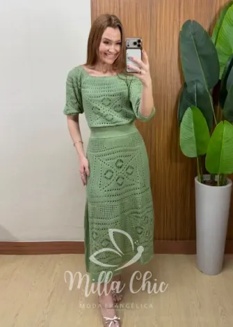 Milla Chic - Conjunto em Tricô Aurélia com Tramas Vazadas - Verde