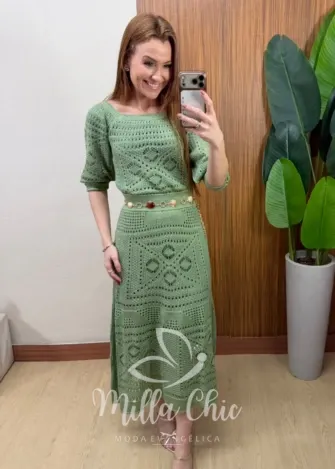 Milla Chic - Conjunto em Tricô Aurélia com Tramas Vazadas - Verde