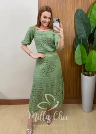 Milla Chic - Conjunto em Tricô Aurélia com Tramas Vazadas - Verde