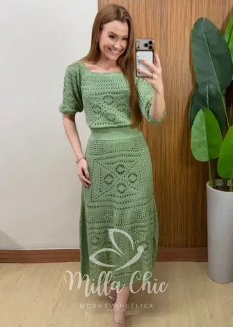 Milla Chic - Conjunto em Tricô Aurélia com Tramas Vazadas - Verde