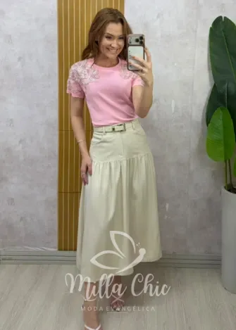 Milla Chic - Saia Eloá — Alfaiataria com Cinto - Creme