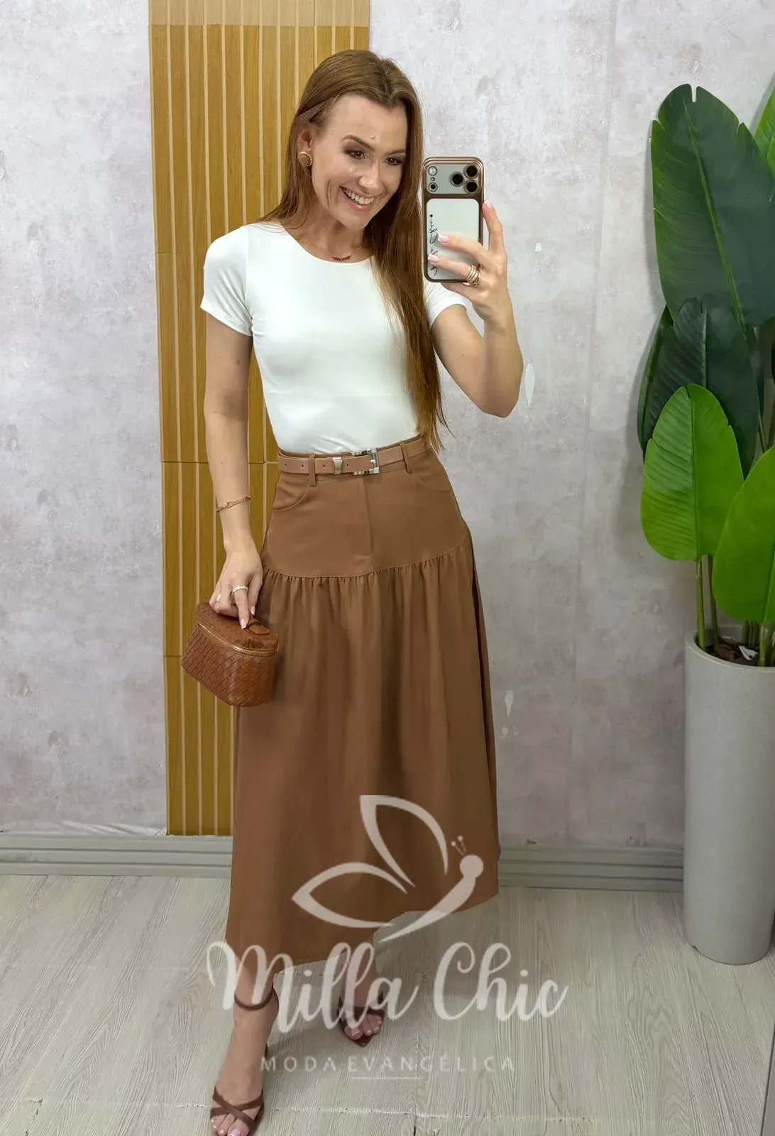 Milla Chic – Saia Eloá — Alfaiataria com Cinto – Marrom Milla Chic - Saia Eloá — Alfaiataria com Cinto - Marrom