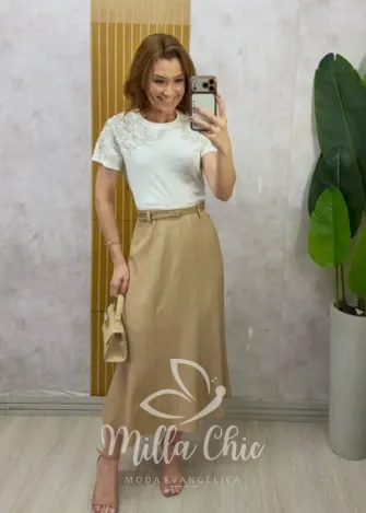 Milla Chic – Saia Gerusa Alfaiataria com Cinto e Lenço – Caqui Milla Chic - Saia Gerusa Alfaiataria com Cinto e Lenço - Caqui