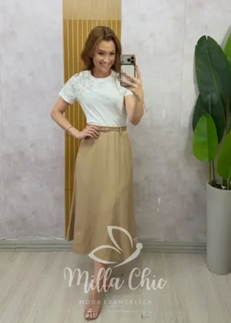 Milla Chic – Saia Gerusa Alfaiataria com Cinto e Lenço – Caqui Milla Chic - Saia Gerusa Alfaiataria com Cinto e Lenço - Caqui