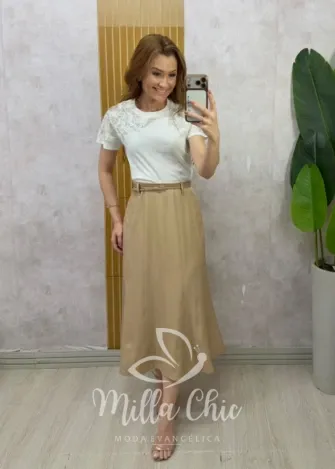 Milla Chic - Saia Gerusa Alfaiataria com Cinto e Lenço - Caqui