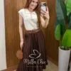 Milla Chic - Saia Janaína — Midi Plissada Acetinada - Marrom