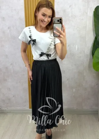 Milla Chic - Saia Janaína — Midi Plissada Acetinada - Preta