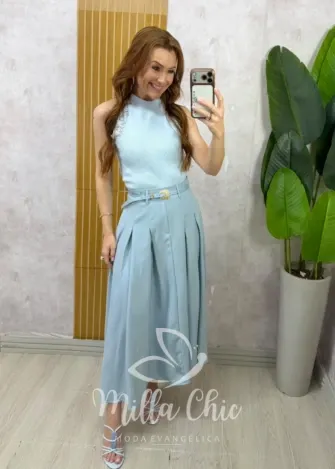 Milla Chic - Saia Luciana  — Rayon Supermidi com Cinto - Azul