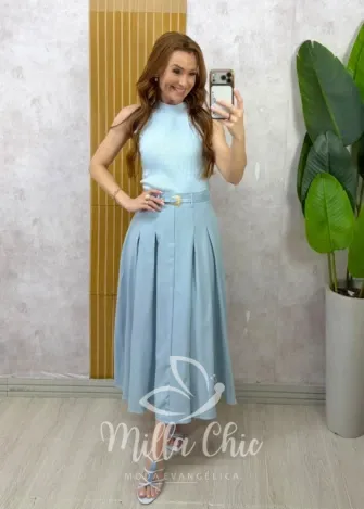 Milla Chic - Saia Luciana  — Rayon Supermidi com Cinto - Azul